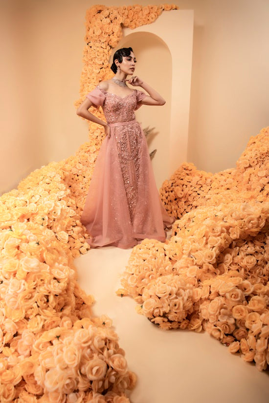 Straight gown in rose gold colour made on net with satin lining
